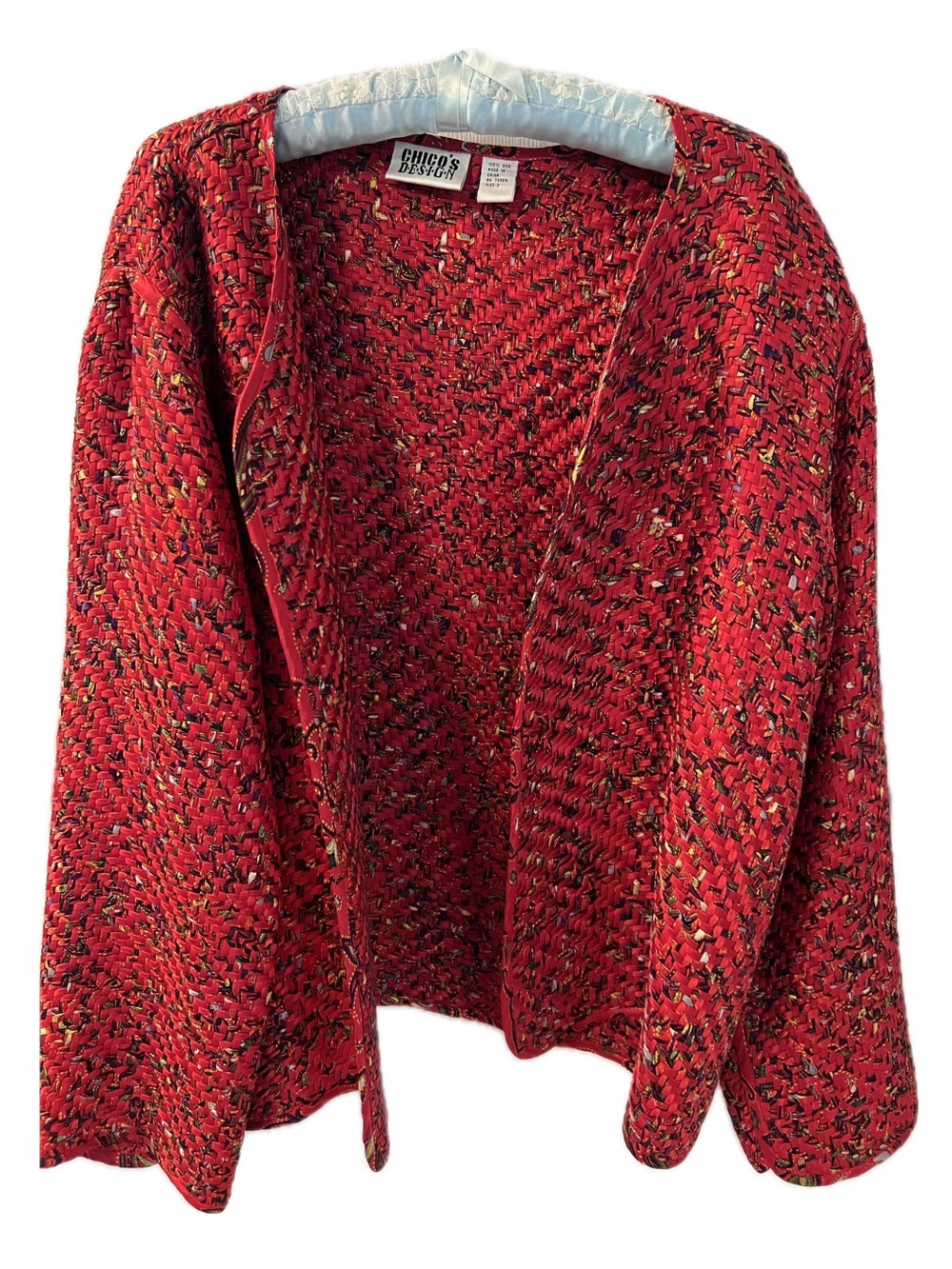 Chico's Red Vintage Woven Open-Front Cardigan with Multicolor Flecks